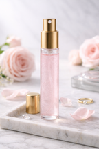 Brume parfumée MoonRose à la rose scintillante avec paillettes, vaporisateur élégant pour une fragrance légère et brillante.