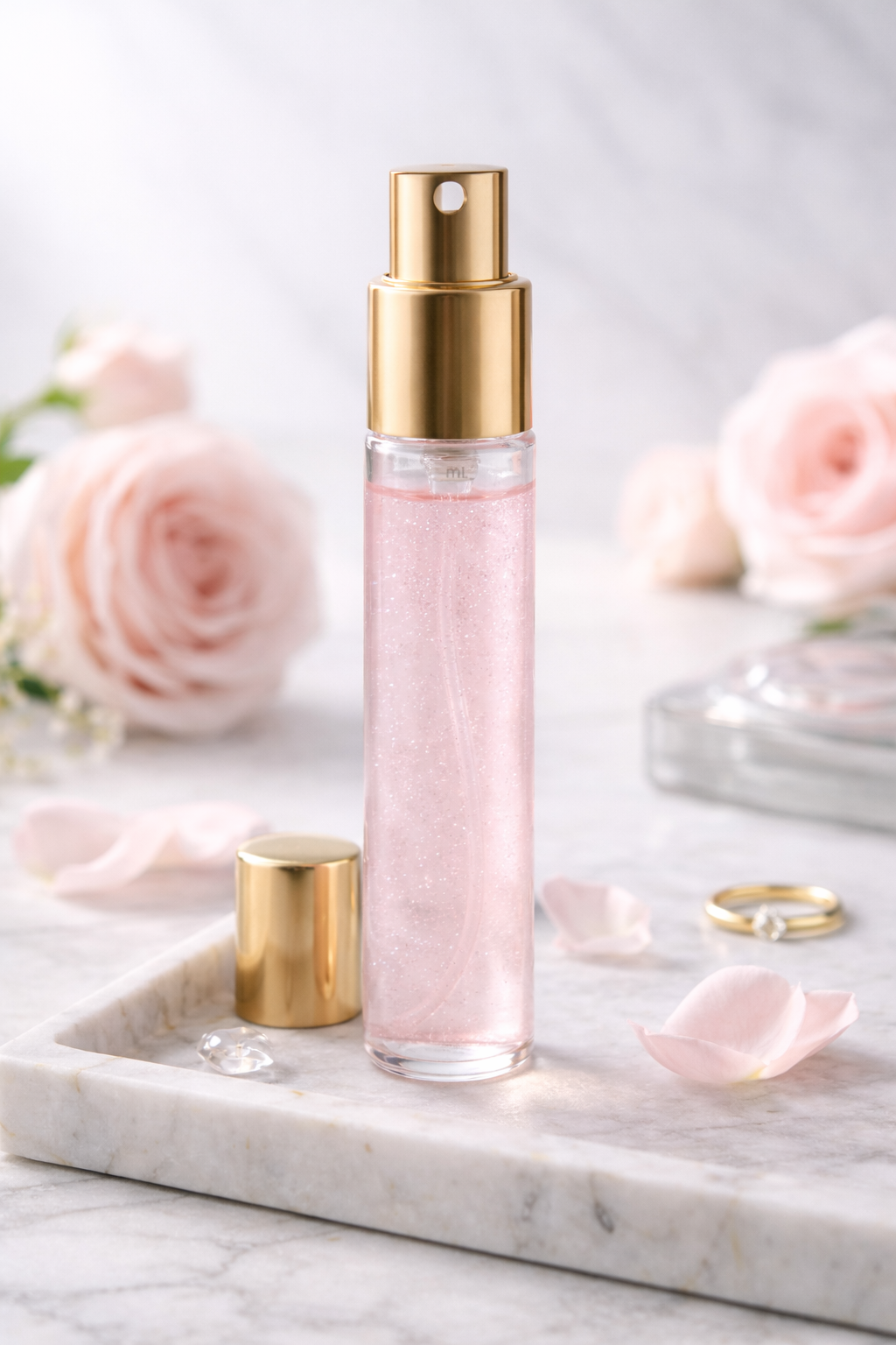 Brume parfumée MoonRose à la rose scintillante avec paillettes, vaporisateur élégant pour parfum léger et brillant.
