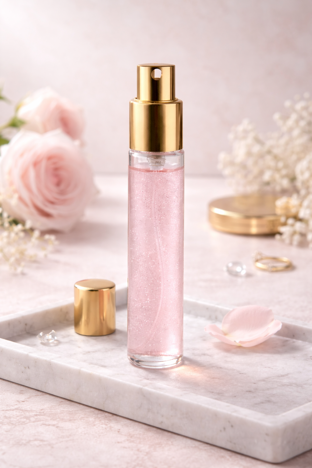 Brume parfumée MoonRose à la rose scintillante avec paillettes, vaporisateur élégant pour une fragrance douce et brillante.