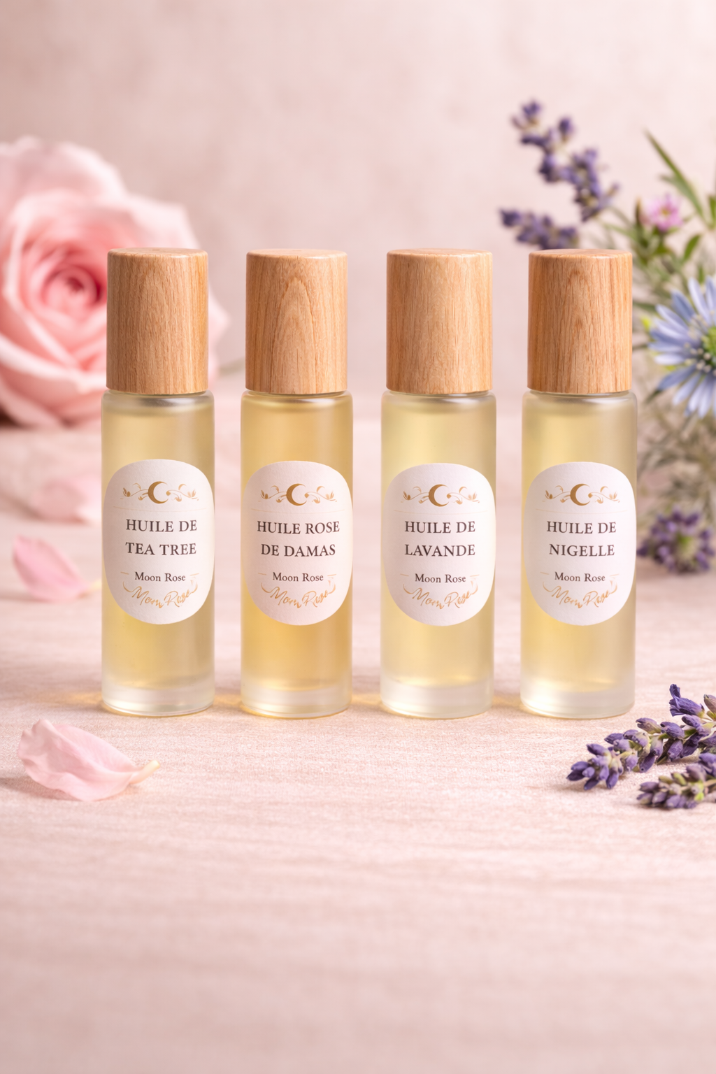 Coffret découverte MoonRose avec 4 huiles essentielles naturelles pour le visage, pack de démarrage glow, huiles pour soin visage