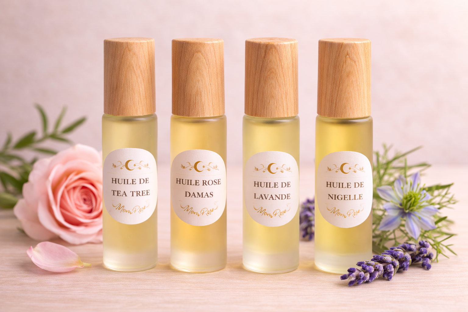 Coffret découverte MoonRose avec 4 huiles naturelles pour le visage, ensemble de huiles essentielles pour le soin du visage.