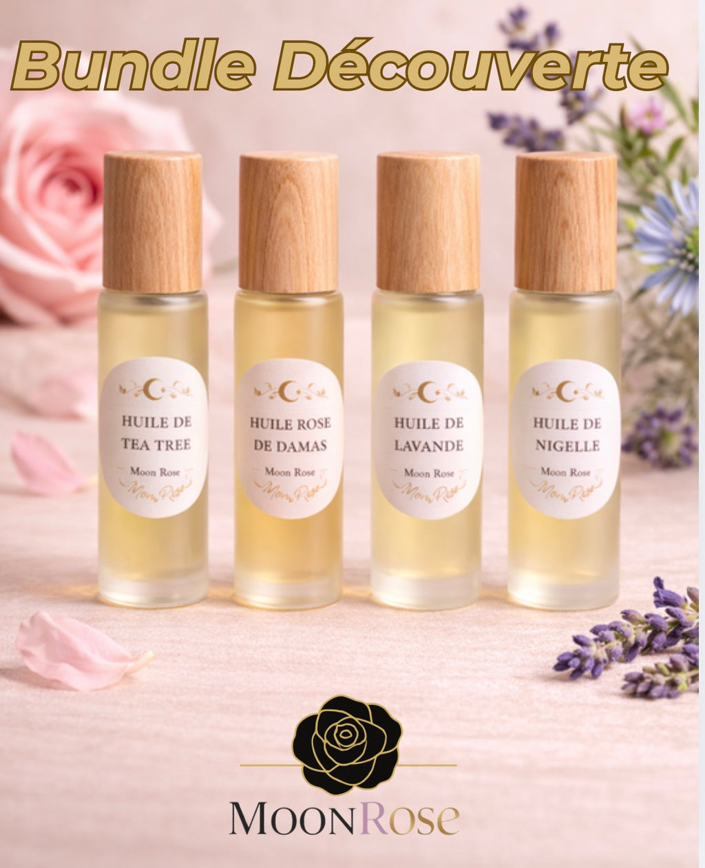 Coffret découverte de 4 huiles naturelles visage MoonRose, bundle huiles essentielles pour le soin et l’éclat de la peau.