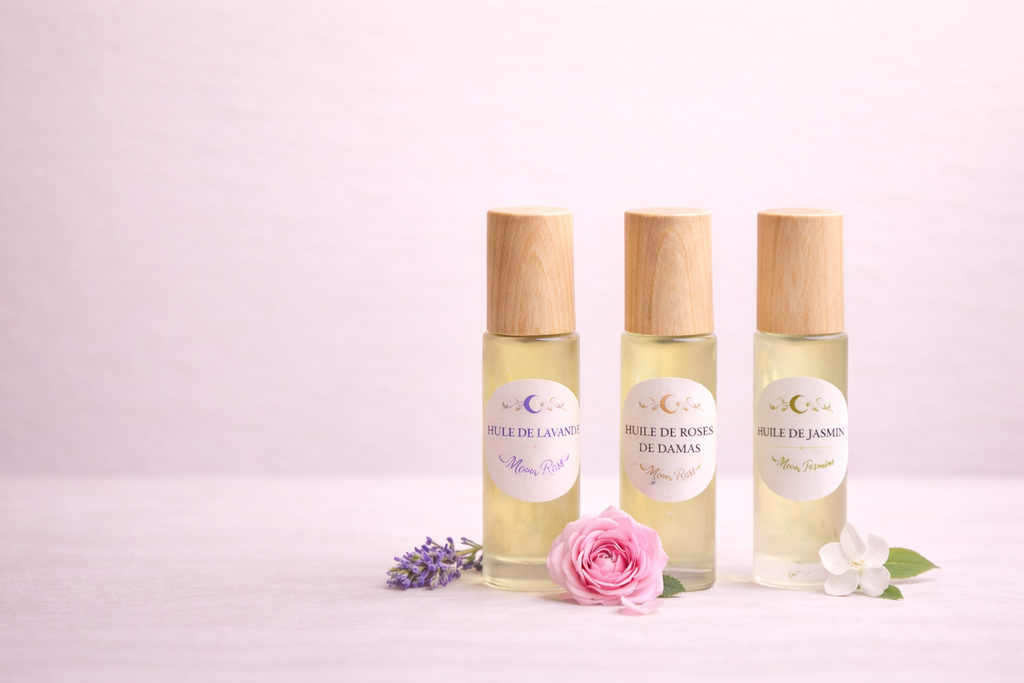 Ensemble d'huiles essentielles MoonRose Sérénité Visage, routine apaisante et naturelle pour le soin du visage.