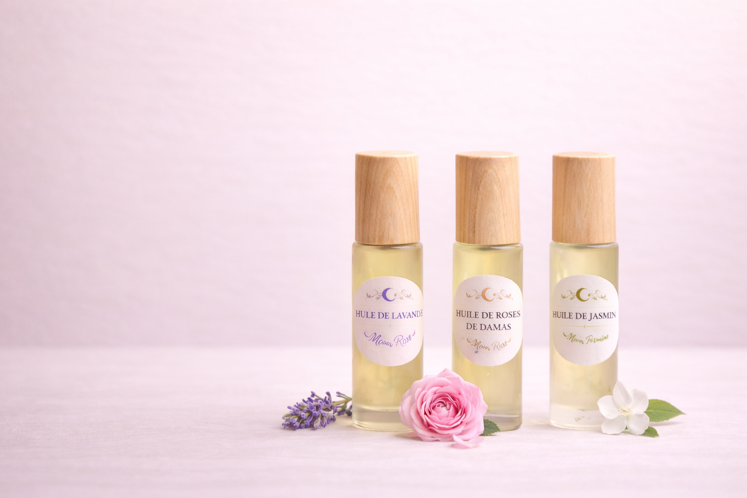 Ensemble d'huiles essentielles MoonRose pour une routine visage apaisante et naturelle, comprenant plusieurs flacons d'huiles essentielles.