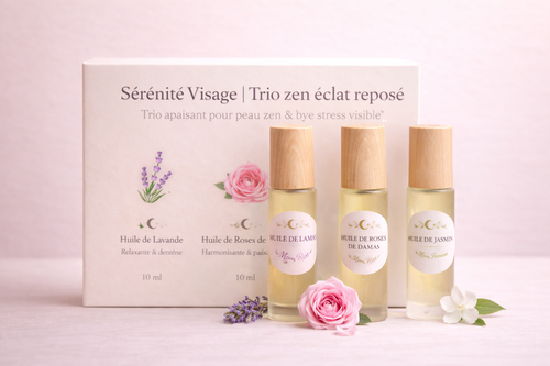 Ensemble d'huiles essentielles MoonRose Sérénité Visage pour une routine apaisante et naturelle du visage.