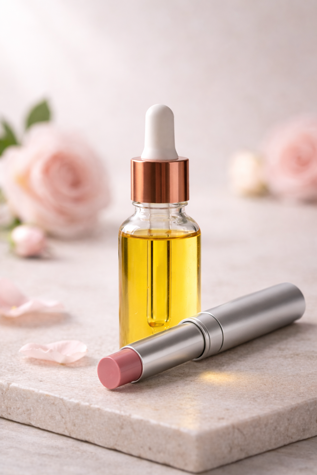 Coffret MoonRose avec huiles essentielles et baume Rose & Miel, soin visage hydratant naturel pour peau prête au soleil.