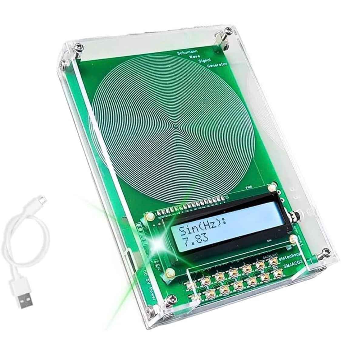 Générateur de fréquences Schuman MoonRose avec écran et guide des fréquences, affichant la fréquence de 7,83 Hz.