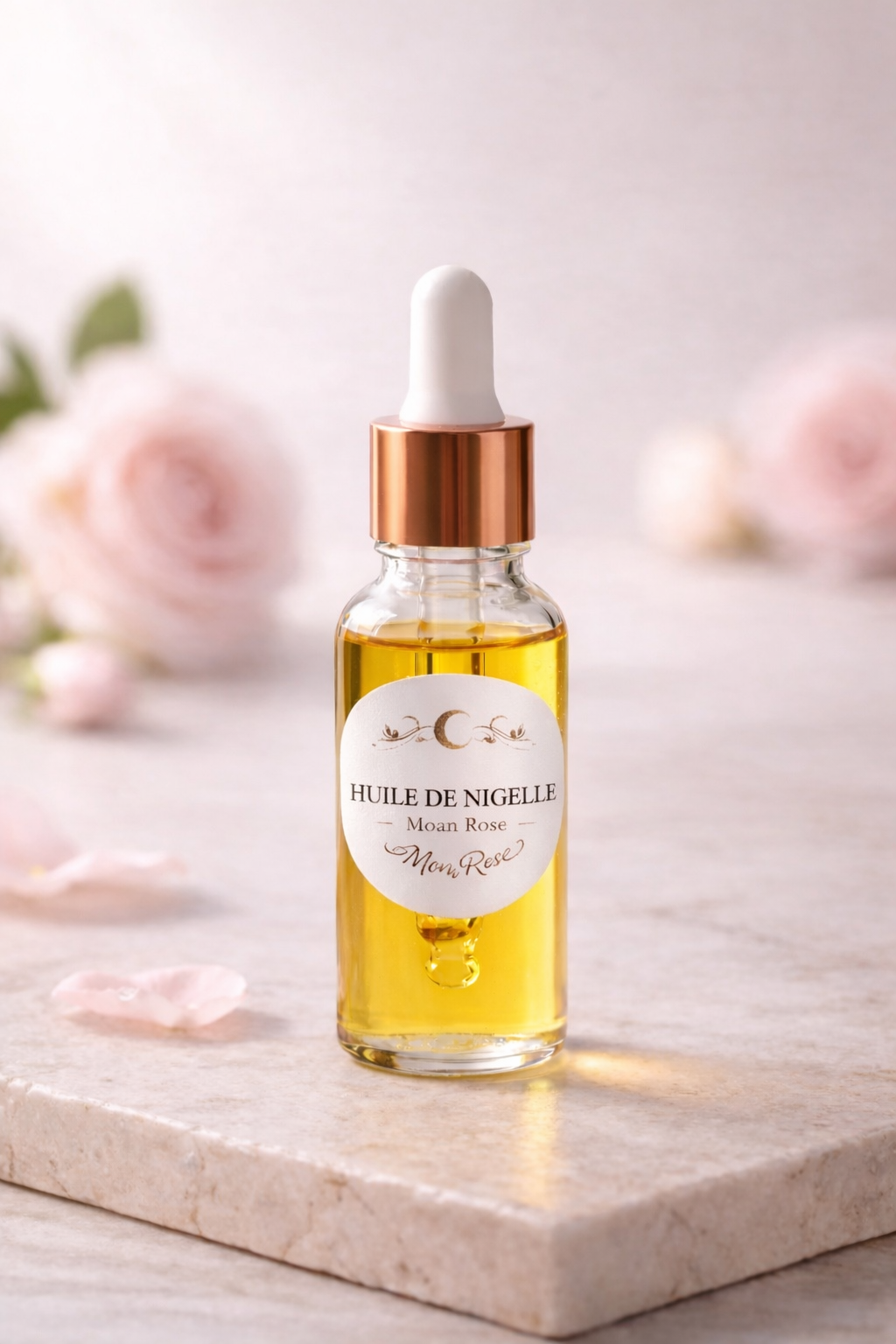 Huile de Nigelle visage MoonRose, 30 ml, flacon en verre avec compte-gouttes, huiles essentielles naturelles pour la peau.