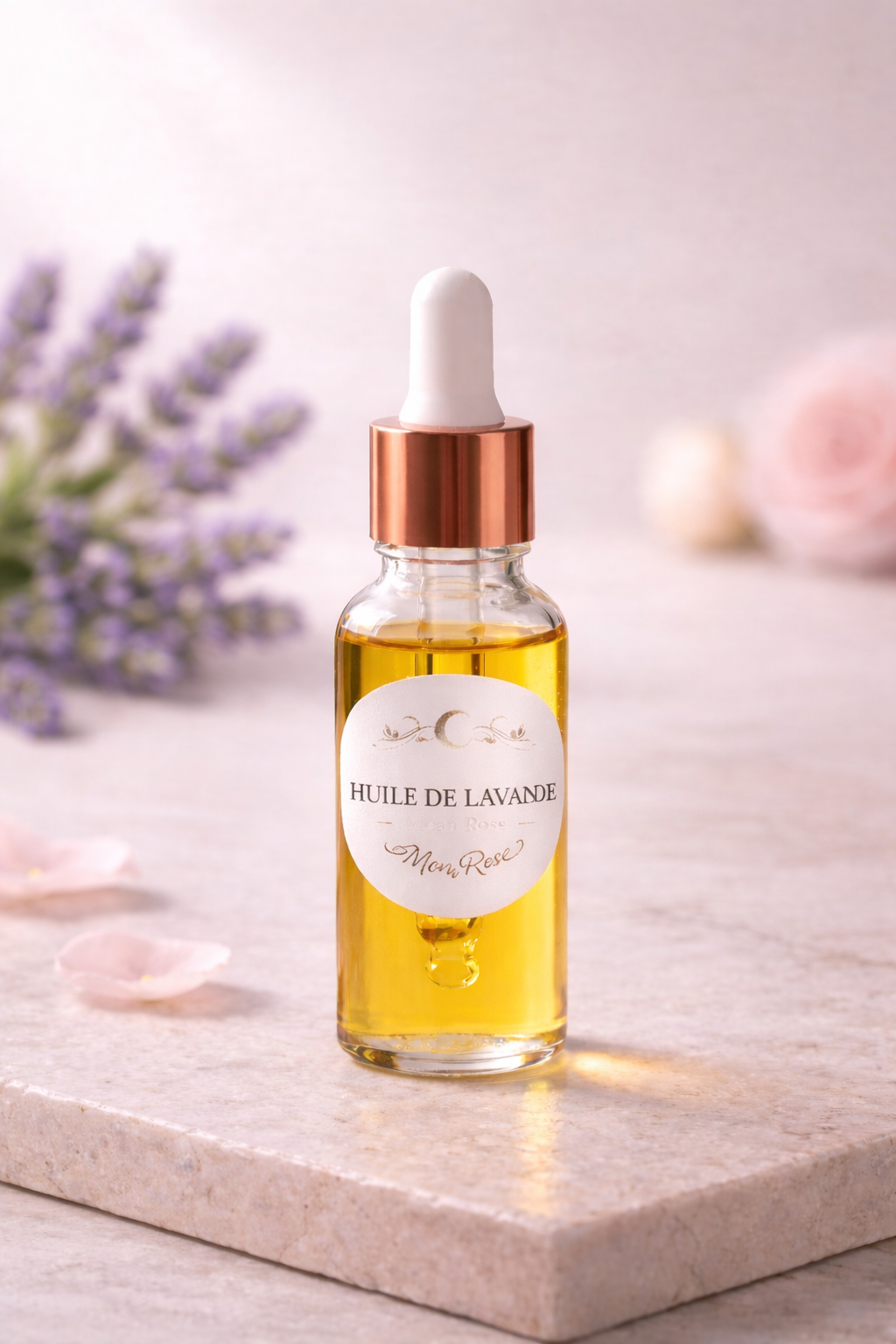 Huile essentielle de lavande MoonRose pour le visage, flacon de 20ml avec pipette, contenant de l'huile essentielle de lavande naturelle.