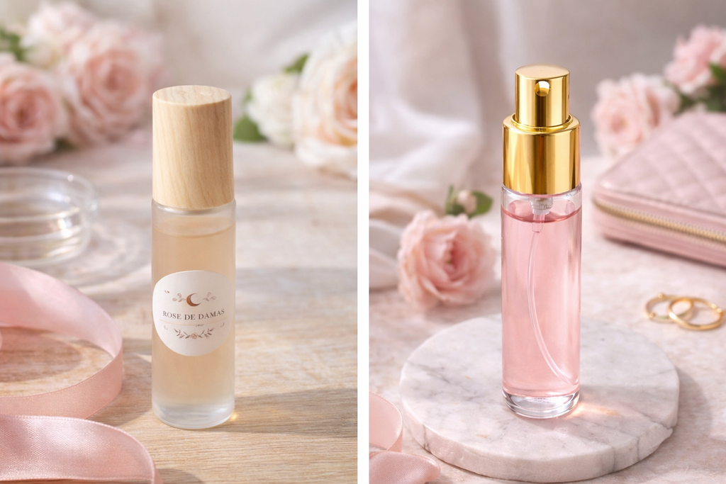 Mini rituel Glow Rose de MoonRose, huile essentielle pour soin beauté à base de rose, présentation en flacon élégant.