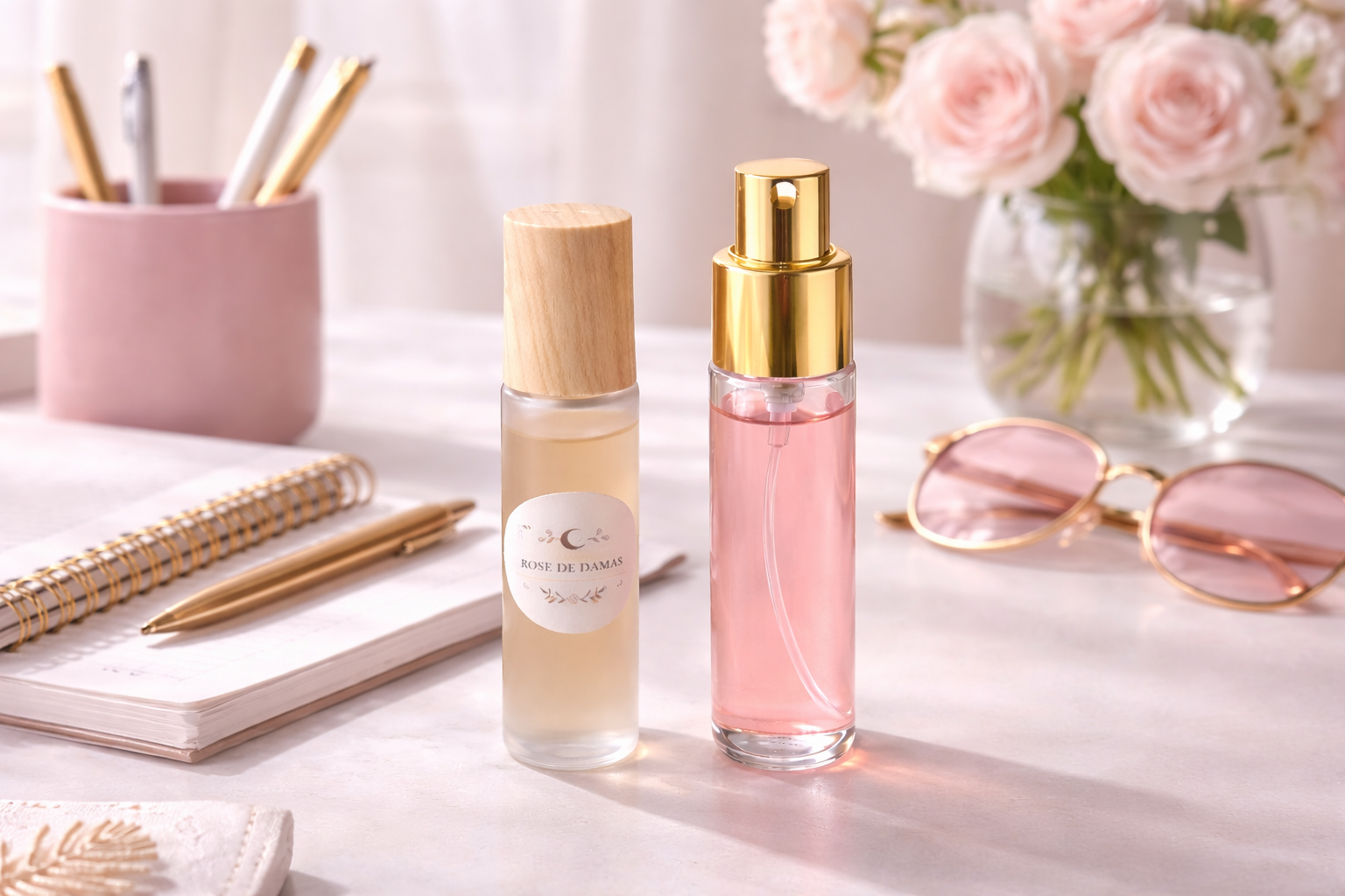 Huile essentielle Mini Rituel Glow Rose de MoonRose, flacon élégant pour soin beauté à la rose, visible en gros plan.