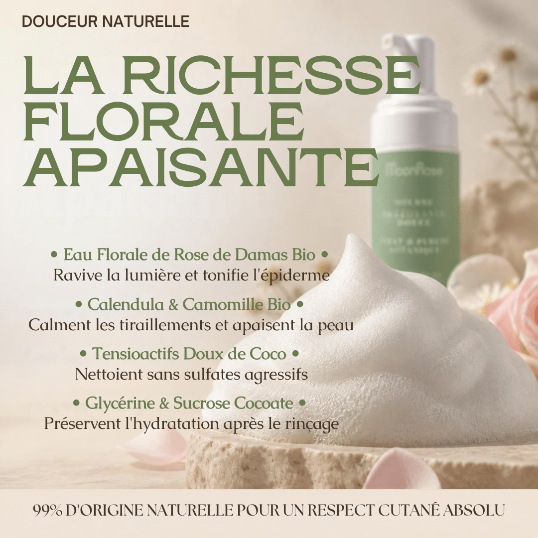 Mousse Nettoyante Purifiante MoonRose (150 ml) — Nuage Nettoyant Doux Éclat & Pureté Botanique | Eau de Rose de Damas, Camomille & Calendula Bio | Cosmos Natural - MoonRose