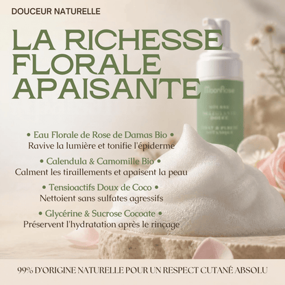 Mousse Nettoyante Purifiante MoonRose (150 ml) — Nuage Nettoyant Doux Éclat & Pureté Botanique | Eau de Rose de Damas, Camomille & Calendula Bio | Cosmos Natural - MoonRose