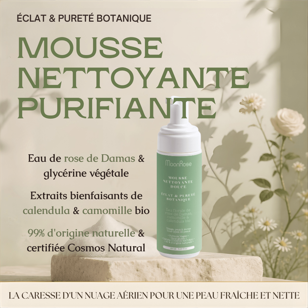 Mousse Nettoyante Purifiante MoonRose (150 ml) — Nuage Nettoyant Doux Éclat & Pureté Botanique | Eau de Rose de Damas, Camomille & Calendula Bio | Cosmos Natural - MoonRose
