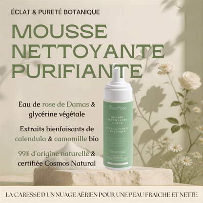 Mousse Nettoyante Purifiante MoonRose (150 ml) — Nuage Nettoyant Doux Éclat & Pureté Botanique | Eau de Rose de Damas, Camomille & Calendula Bio | Cosmos Natural - MoonRose