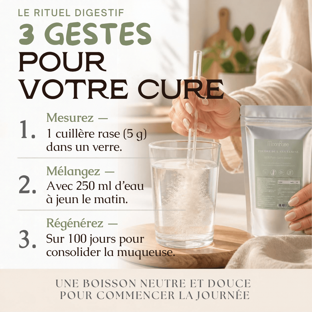 Poudre de L-Glutamine Pure MoonRose (500 g) — Confort Intestinal, Perméabilité Digestive & Récupération Musculaire | 100 % Végétale Sans Additifs | Cure 100 Jours | Certifié Halal - MoonRose