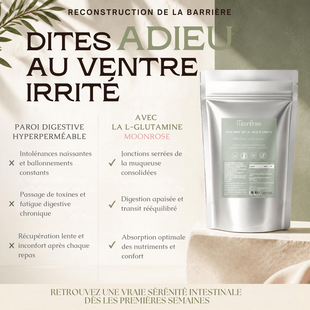 Poudre de L-Glutamine Pure MoonRose (500 g) — Confort Intestinal, Perméabilité Digestive & Récupération Musculaire | 100 % Végétale Sans Additifs | Cure 100 Jours | Certifié Halal - MoonRose