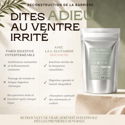 Poudre de L-Glutamine Pure MoonRose (500 g) — Confort Intestinal, Perméabilité Digestive & Récupération Musculaire | 100 % Végétale Sans Additifs | Cure 100 Jours | Certifié Halal - MoonRose