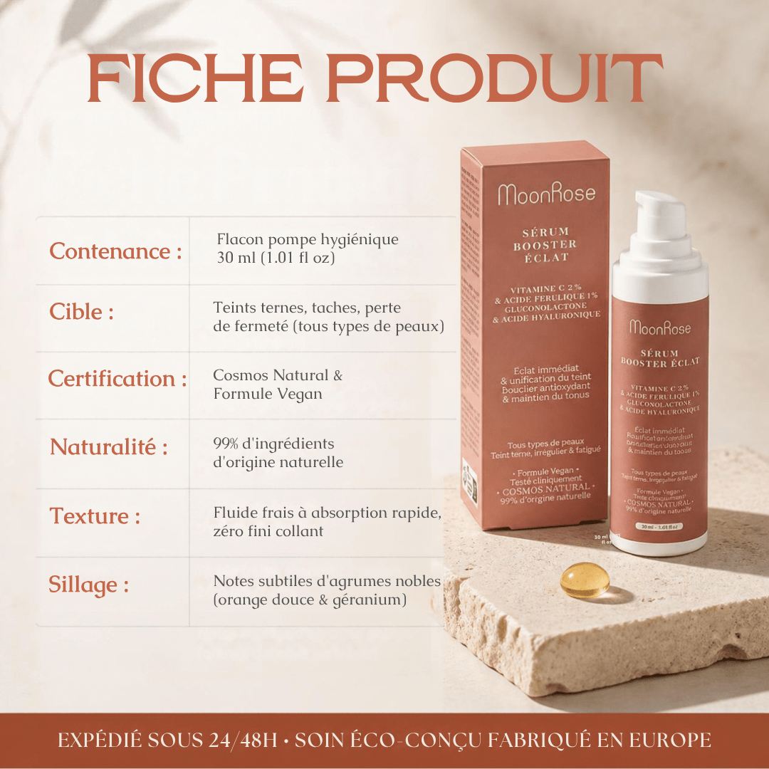 Sérum Booster Éclat (30 ml) — Vitamine C 2 %, Acide Férulique 1 %, Argousier Bio Acide Hyaluronique | Teint Lumineux & Unifié