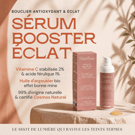 Sérum Booster Éclat (30 ml) — Vitamine C 2 %, Acide Férulique 1 %, Argousier Bio Acide Hyaluronique | Teint Lumineux & Unifié