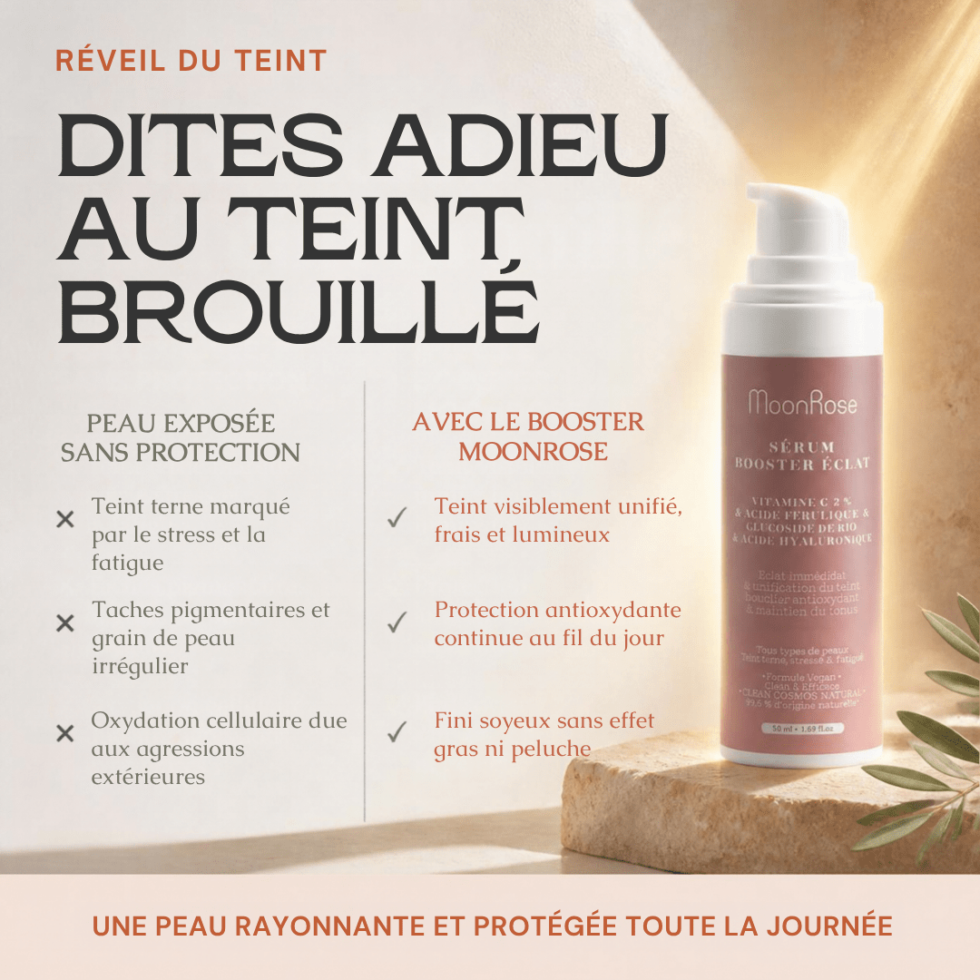 Sérum Booster Éclat (30 ml) — Vitamine C 2 %, Acide Férulique 1 %, Argousier Bio Acide Hyaluronique | Teint Lumineux & Unifié