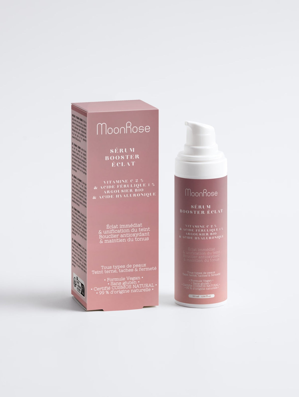 Sérum Booster Éclat (30 ml) — Vitamine C 2 %, Acide Férulique 1 %, Argousier Bio Acide Hyaluronique | Teint Lumineux & Unifié