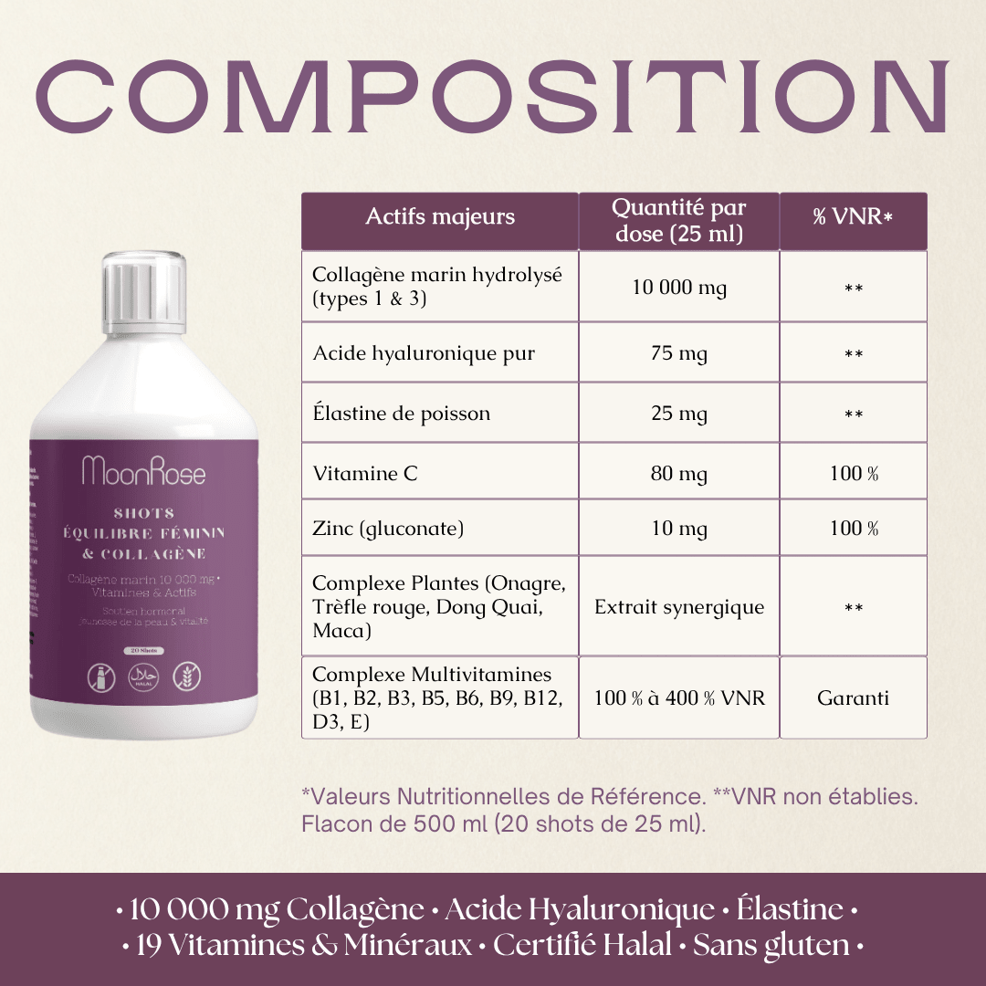 SHOTS ÉQUILIBRE FÉMININ & COLLAGÈNE 10 000 MG — Cure Anti-Âge Liquide| 500ml - MoonRose