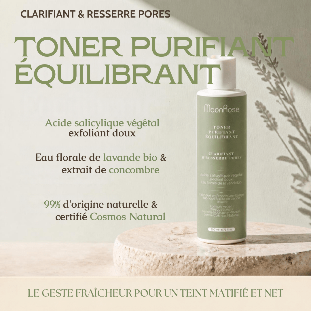 Toner Purifiant Équilibrant (200 ml) — Lotion Clarifiante & Resserre Pores | Acide Salicylique Végétal, Lavande Bio & Concombre | Cosmos Natural - MoonRose